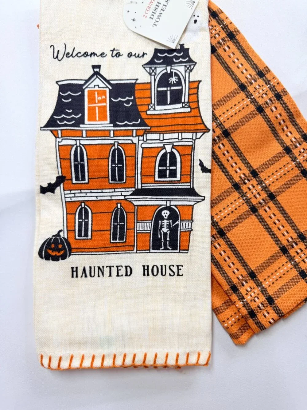 Hyde & EEK! Haunted House Halloween Kitchen Towels 2 Pack Orange Plaid New